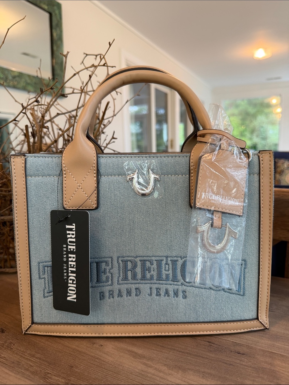 True Religion Light Blue Denim & Tan Leather Tote